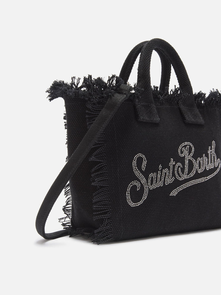 Mini Vanity Bag in Black Canvas with Rhinestone Logo