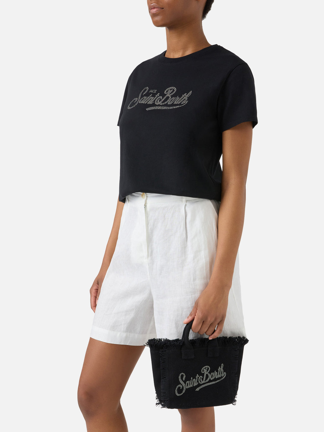 Mini Vanity Bag in Black Canvas with Rhinestone Logo
