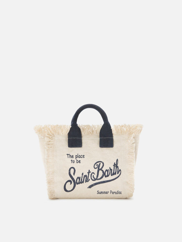 Mini Vanity Bag in White Canvas with Blue Accents