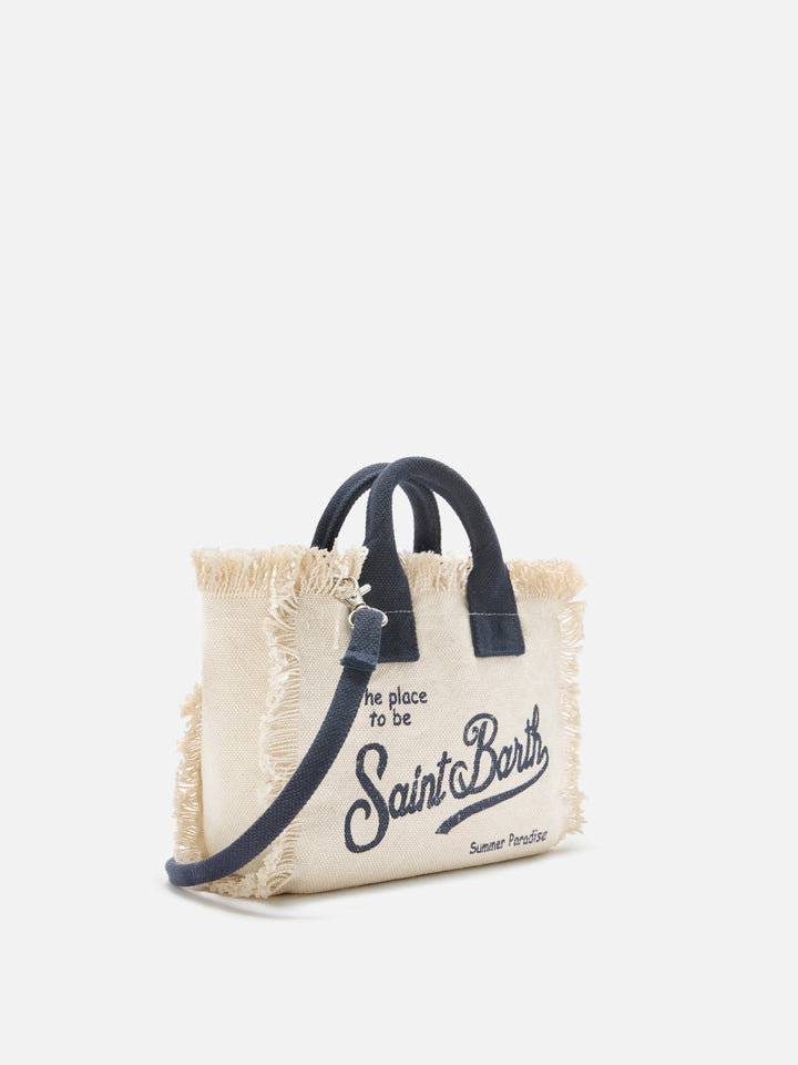 Mini Vanity Bag in White Canvas with Blue Accents