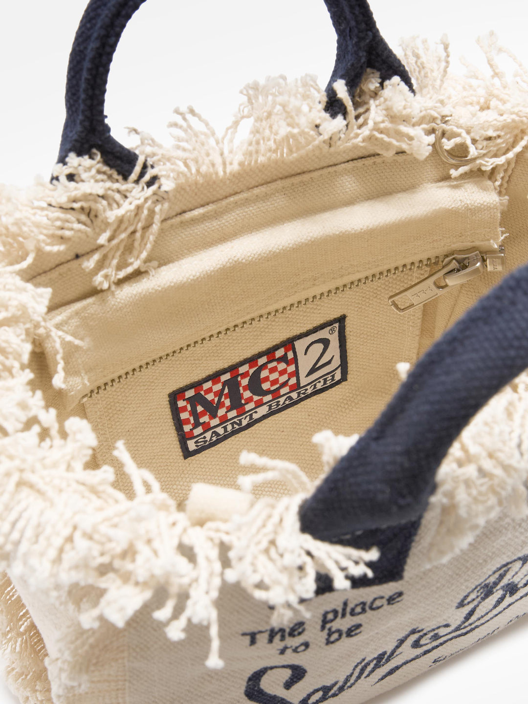 Mini Vanity Bag in White Canvas with Blue Accents