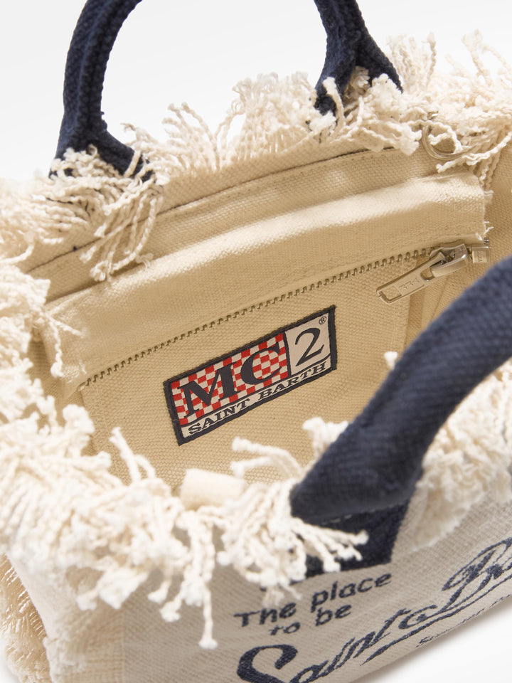 Mini Vanity Bag in White Canvas with Blue Accents