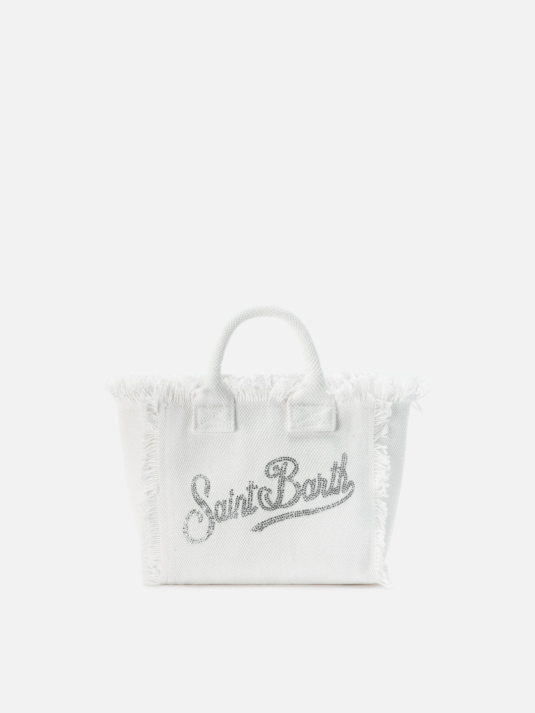 Mini Vanity Bag in White Canvas with Rhinestone Logo