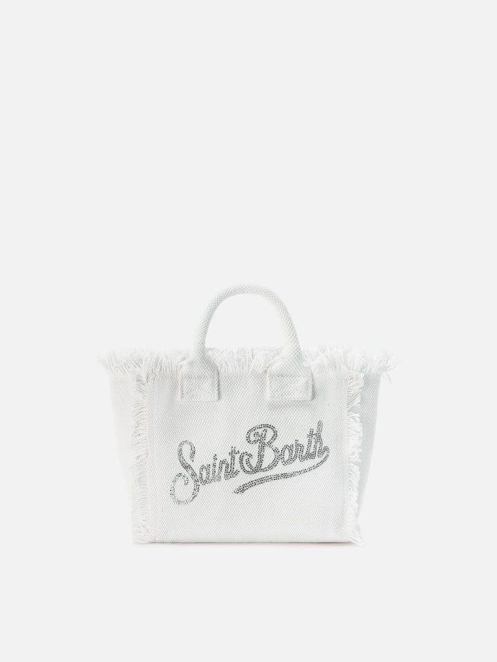 Mini Vanity Bag in White Canvas with Rhinestone Logo