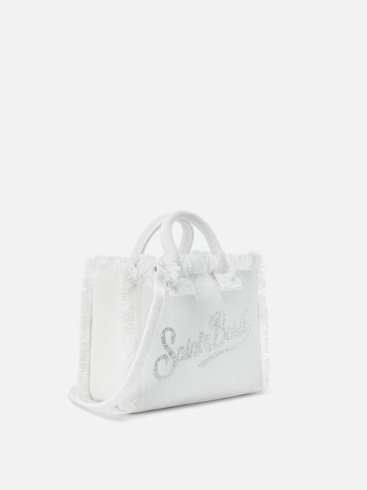 Mini Vanity Bag in White Canvas with Rhinestone Logo
