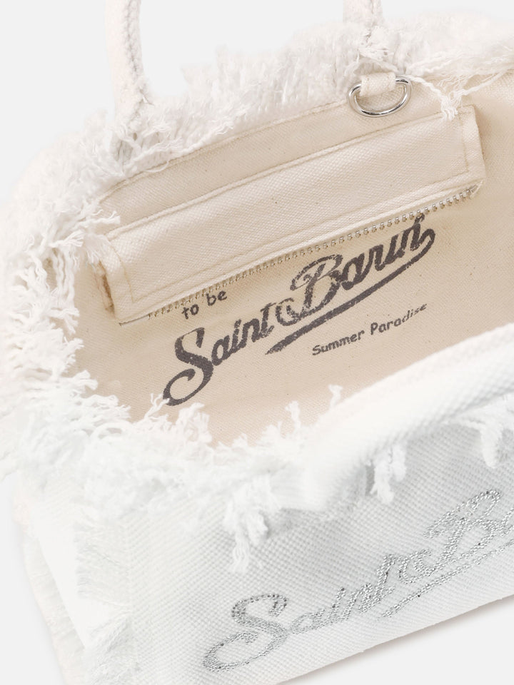 Mini Vanity Bag in White Canvas with Rhinestone Logo
