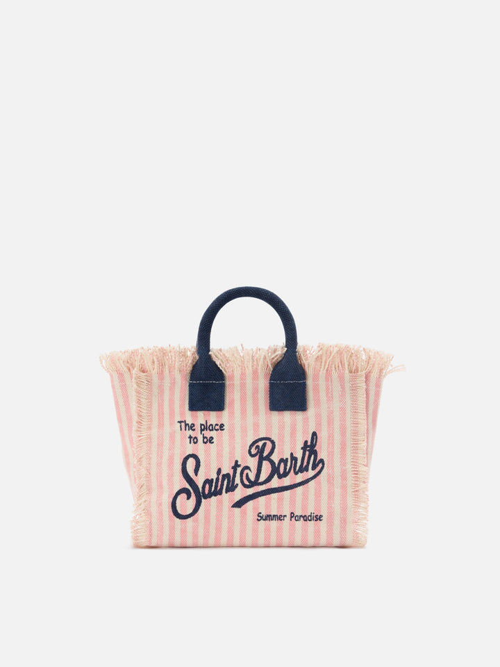 Mini Vanity Bag in Striped Pink Canvas with Blue Accents