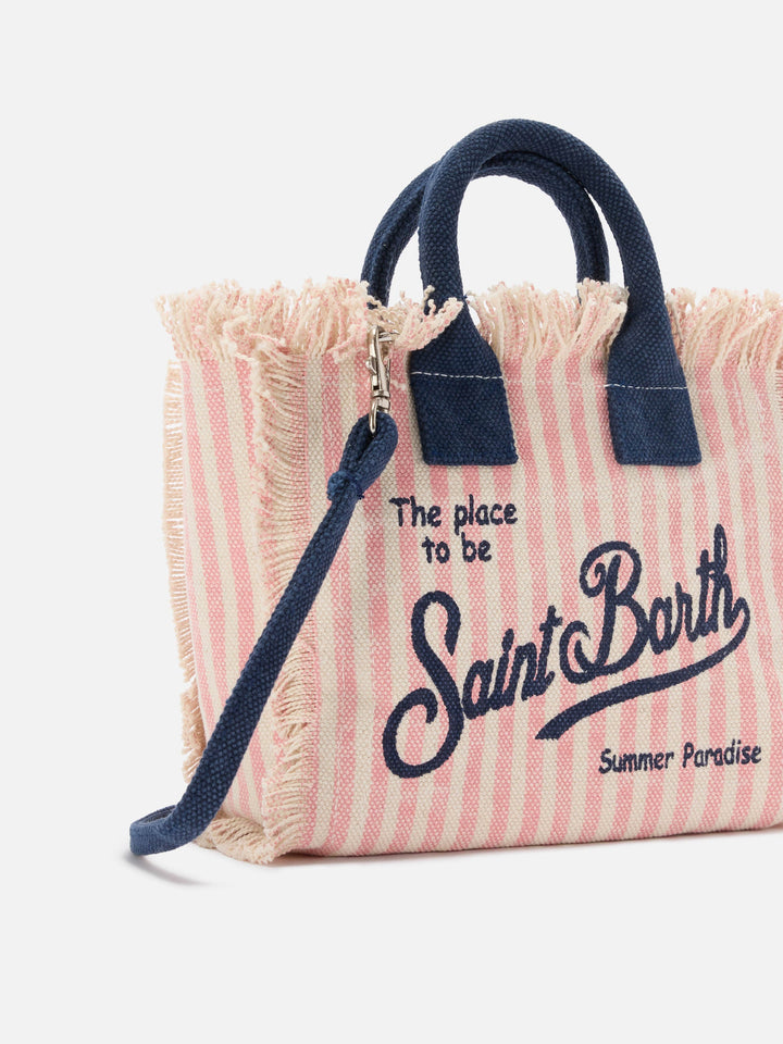 Mini Vanity Bag in Striped Pink Canvas with Blue Accents