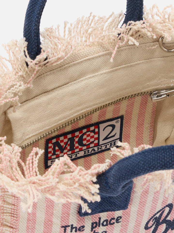 Mini Vanity Bag in Striped Pink Canvas with Blue Accents