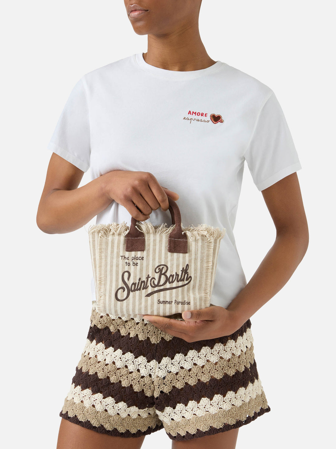 Mini Vanity Bag in Striped Brown Canvas with Contrasting Details