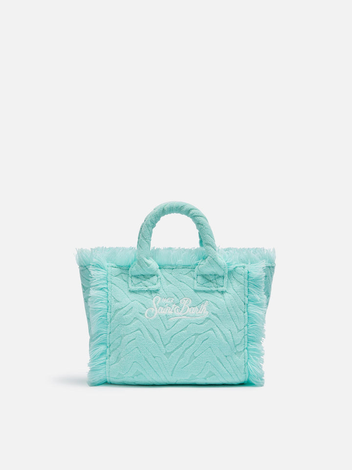 Mini Vanity Sponge Bag con stampa zebrata verde acqua in rilievo" can be rewritten as:

"Mini Vanity Bag in Spugna con Stampa Zebrata Verde Acqua in Rilievo