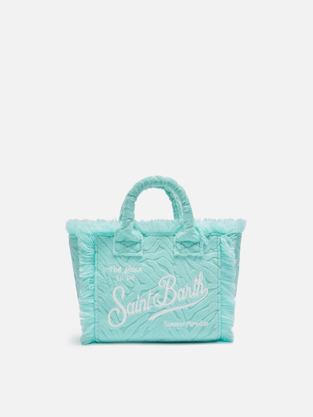Mini Vanity Sponge Bag con stampa zebrata verde acqua in rilievo" can be rewritten as:

"Mini Vanity Bag in Spugna con Stampa Zebrata Verde Acqua in Rilievo