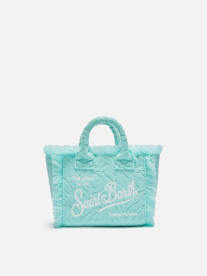 Mini Vanity Sponge Bag con stampa zebrata verde acqua in rilievo" can be rewritten as:

"Mini Vanity Bag in Spugna con Stampa Zebrata Verde Acqua in Rilievo
