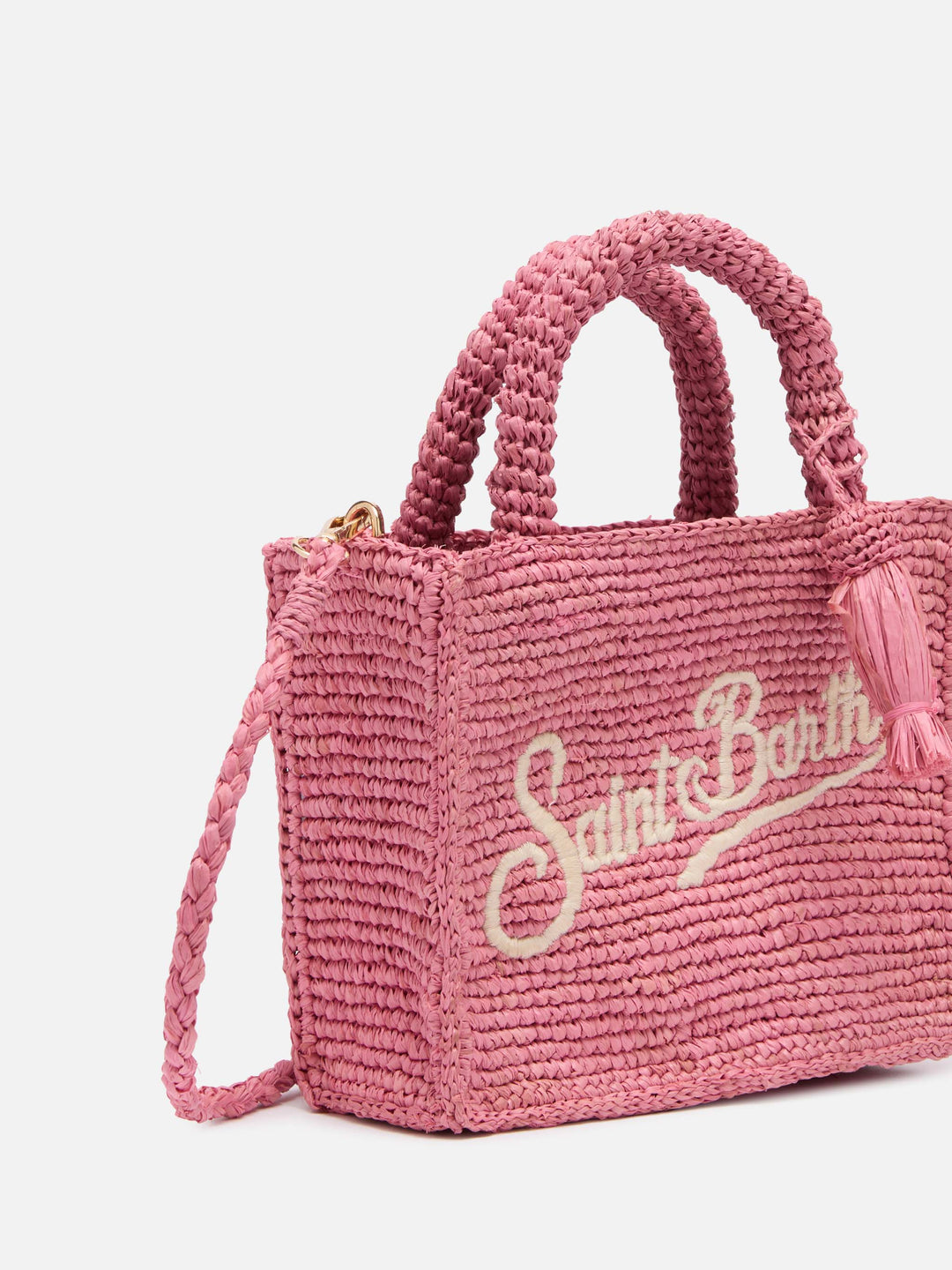 Mini Vanity Bag in Pink Raffia with Saint Barth Embroidery