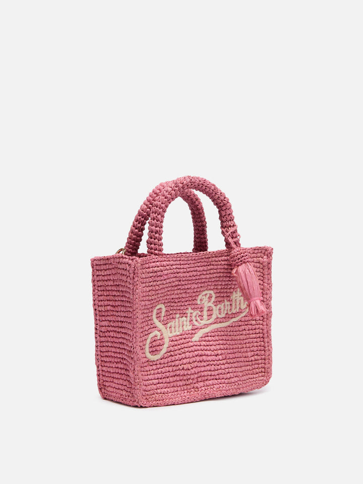 Mini Vanity Bag in Pink Raffia with Saint Barth Embroidery