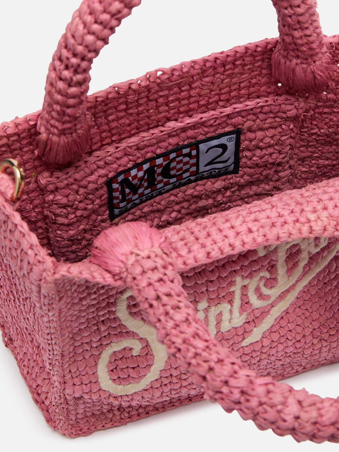 Mini Vanity Bag in Pink Raffia with Saint Barth Embroidery