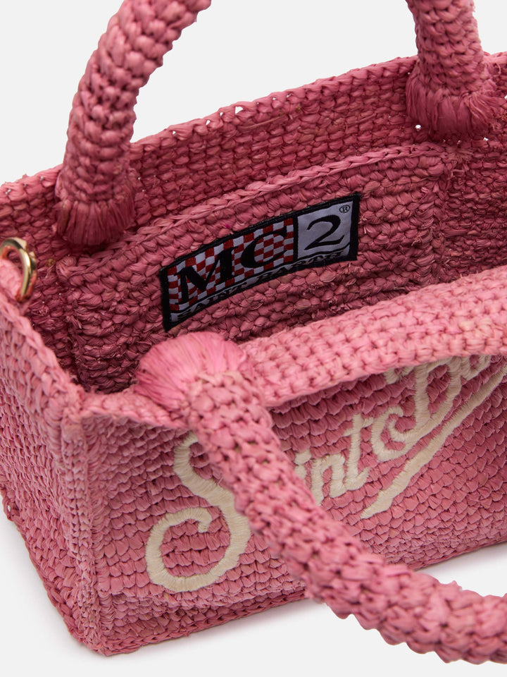 Mini Vanity Bag in Pink Raffia with Saint Barth Embroidery
