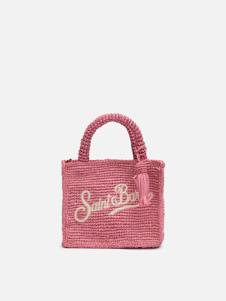 Mini Vanity Bag in Pink Raffia with Saint Barth Embroidery