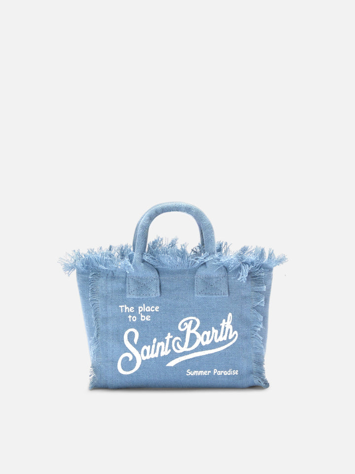 Mini Vanity Bag in Solid Blue Linen with Removable Shoulder Strap