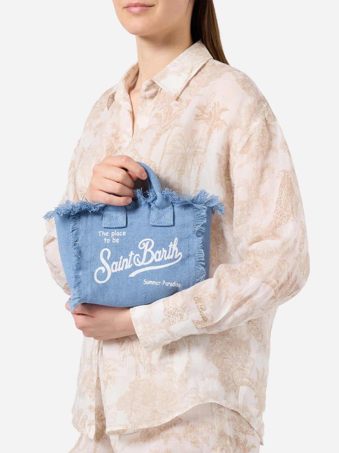 Mini Vanity Bag in Solid Blue Linen with Removable Shoulder Strap