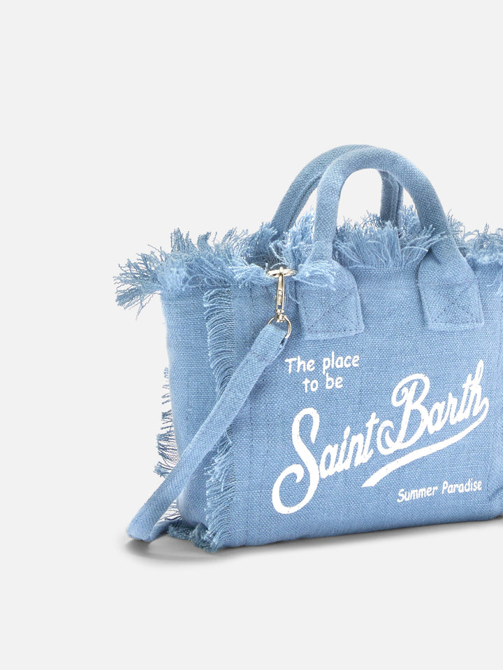 Mini Vanity Bag in Solid Blue Linen with Removable Shoulder Strap