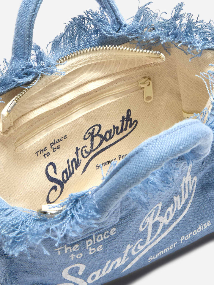 Mini Vanity Bag in Solid Blue Linen with Removable Shoulder Strap