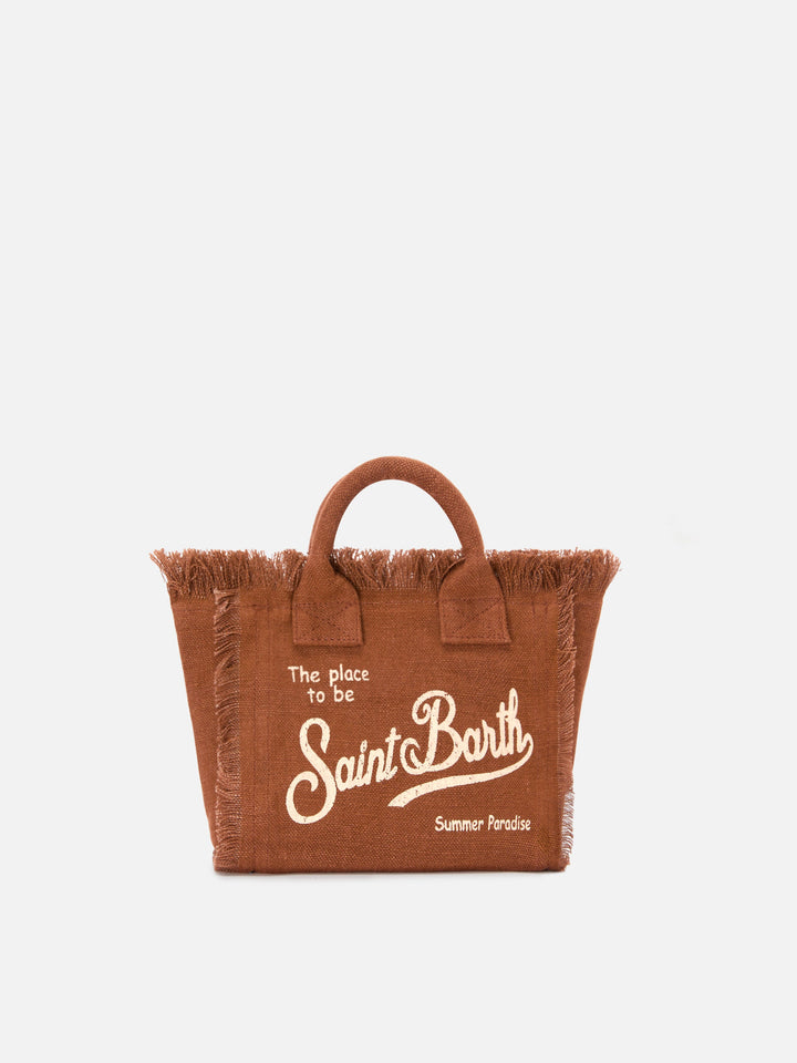Mini Vanity Bag in Solid Brown Linen with Removable Shoulder Strap