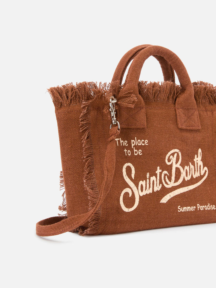 Mini Vanity Bag in Solid Brown Linen with Removable Shoulder Strap