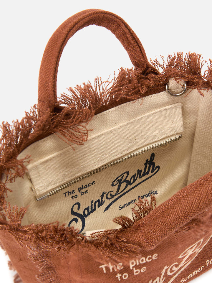 Mini Vanity Bag in Solid Brown Linen with Removable Shoulder Strap