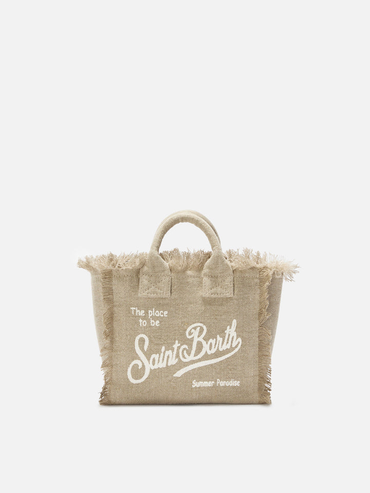 Mini Vanity Bag in Solid Beige Linen with Removable Shoulder Strap