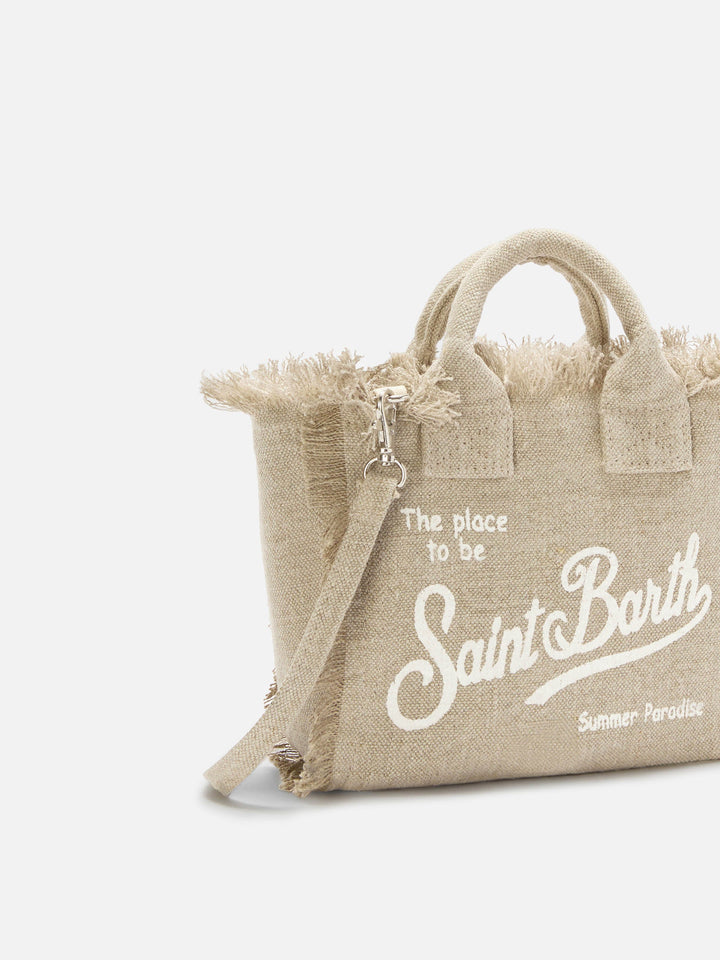 Mini Vanity Bag in Solid Beige Linen with Removable Shoulder Strap