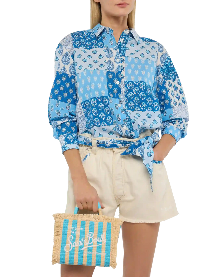 Mini Vanity Bag in Straw Effect with Striped Print