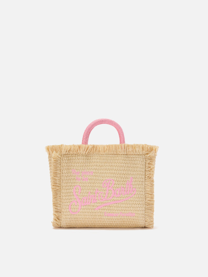 Mini Vanity Bag in Straw-Effect Fabric with Embroidered Logo