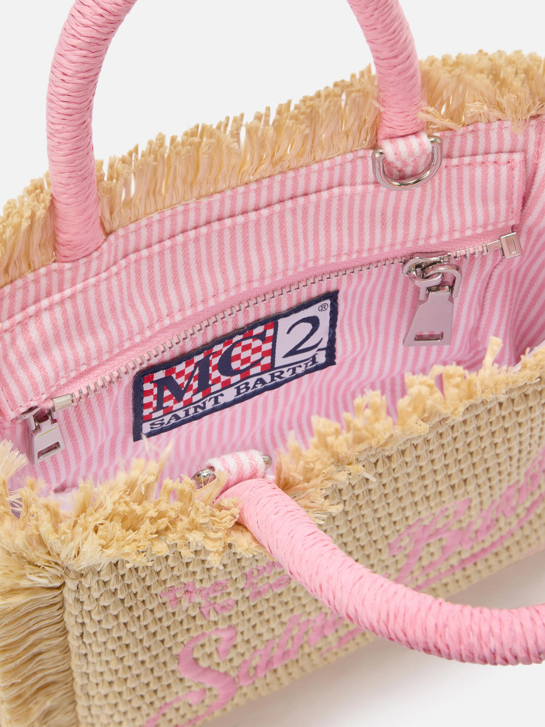 Mini Vanity Bag in Straw-Effect Fabric with Embroidered Logo