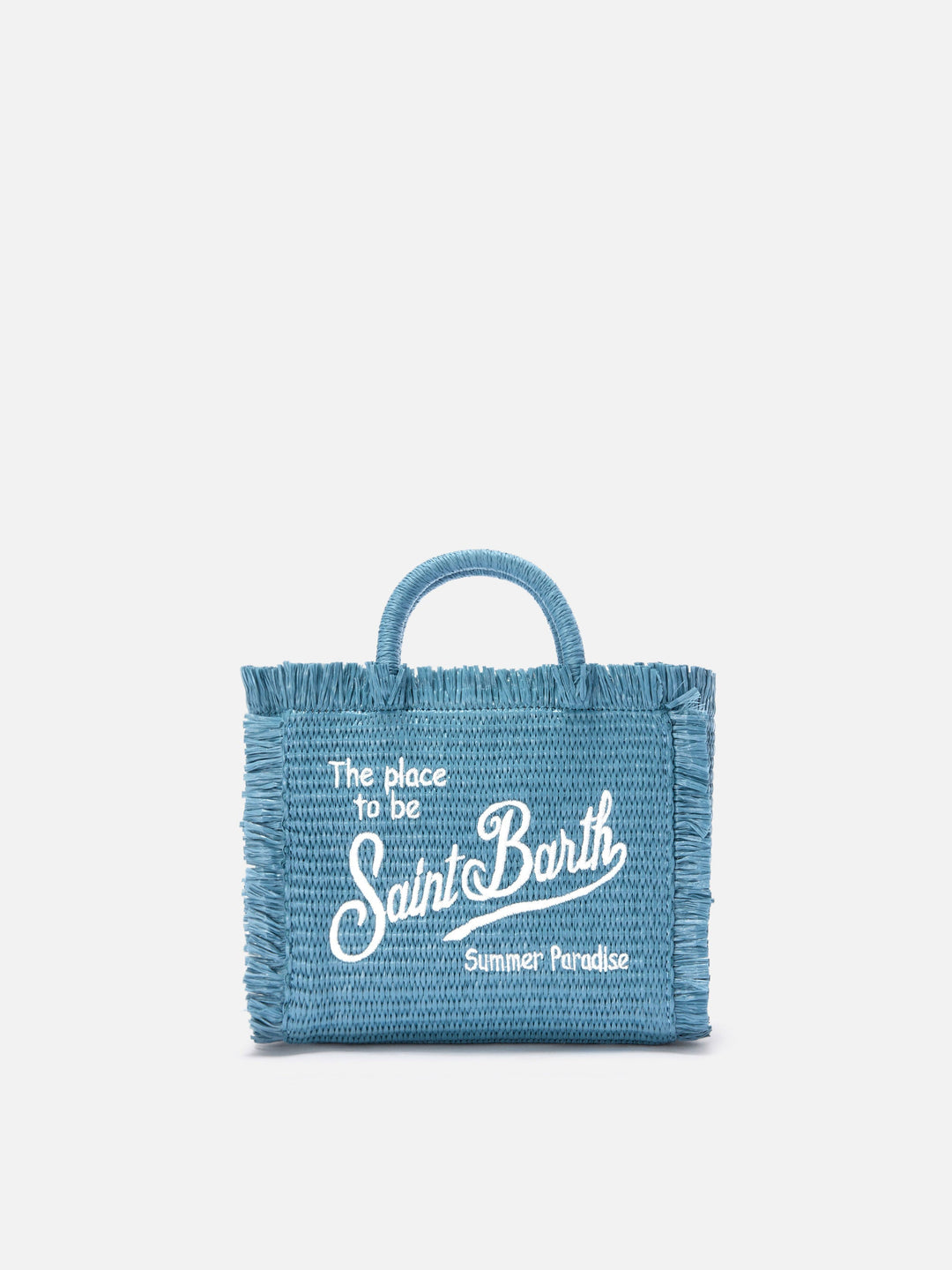 Mini Vanity Bag in Blue Straw-Effect Fabric with Embroidered Logo