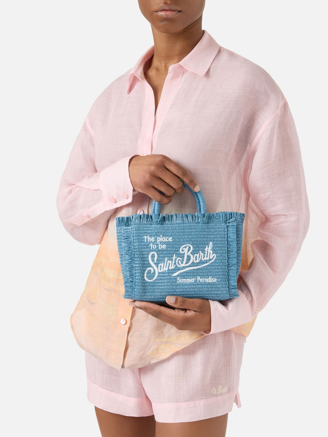 Mini Vanity Bag in Blue Straw-Effect Fabric with Embroidered Logo