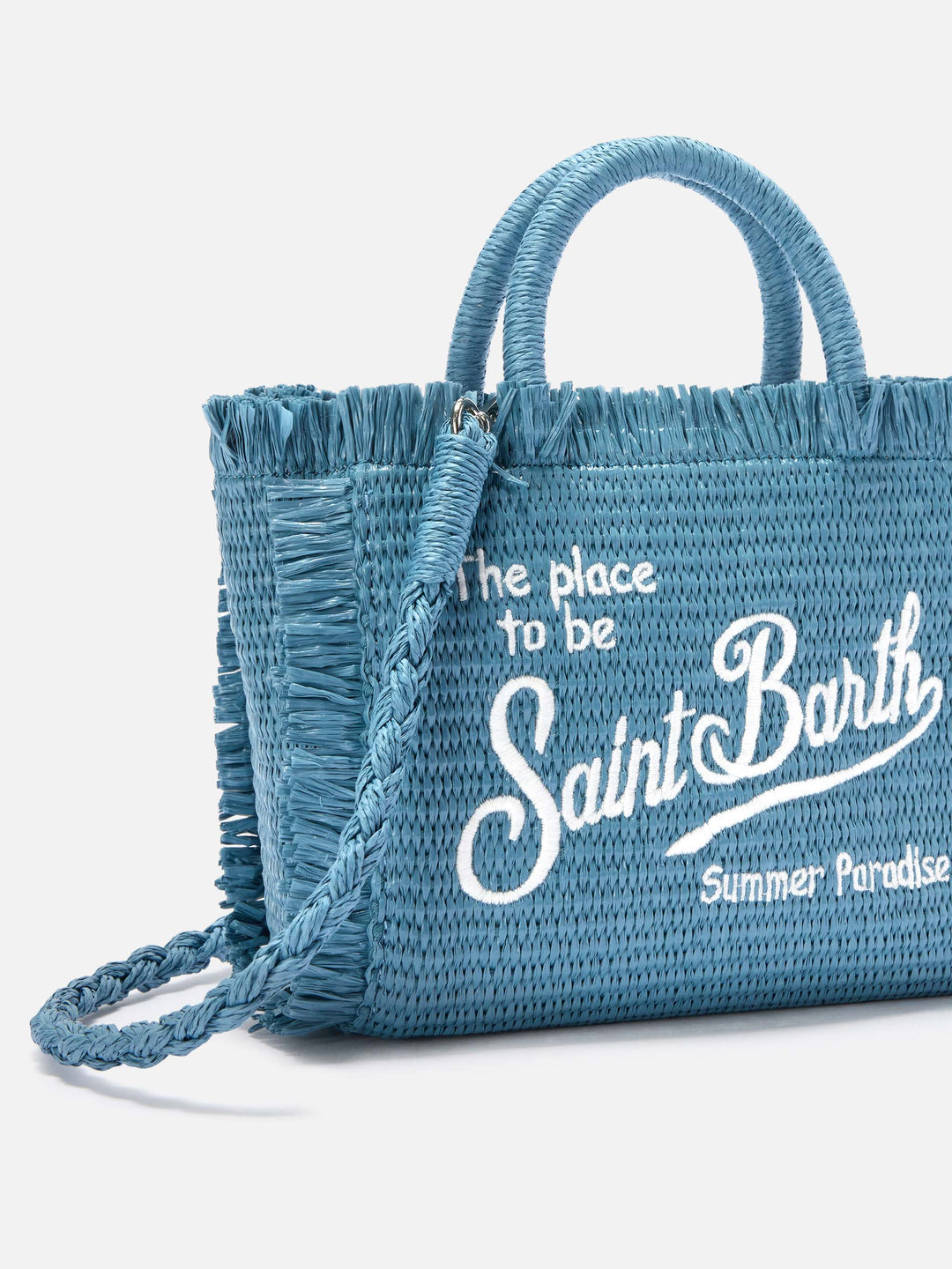 Mini Vanity Bag in Blue Straw-Effect Fabric with Embroidered Logo