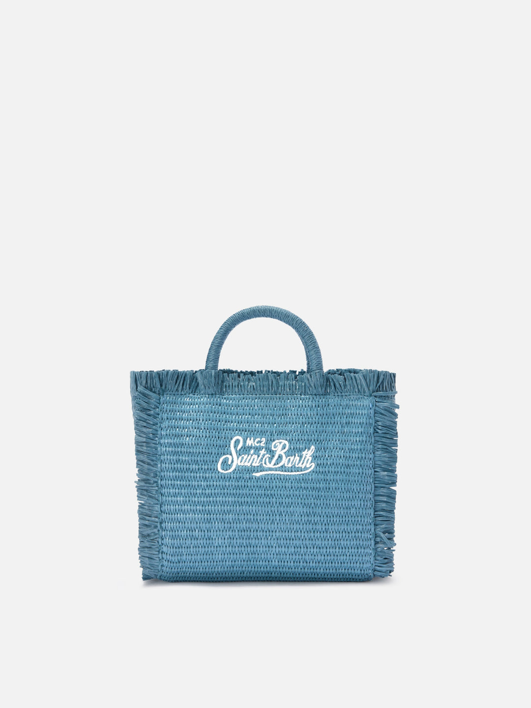 Mini Vanity Bag in Blue Straw-Effect Fabric with Embroidered Logo