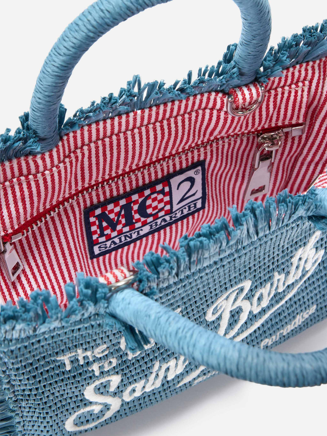 Mini Vanity Bag in Blue Straw-Effect Fabric with Embroidered Logo
