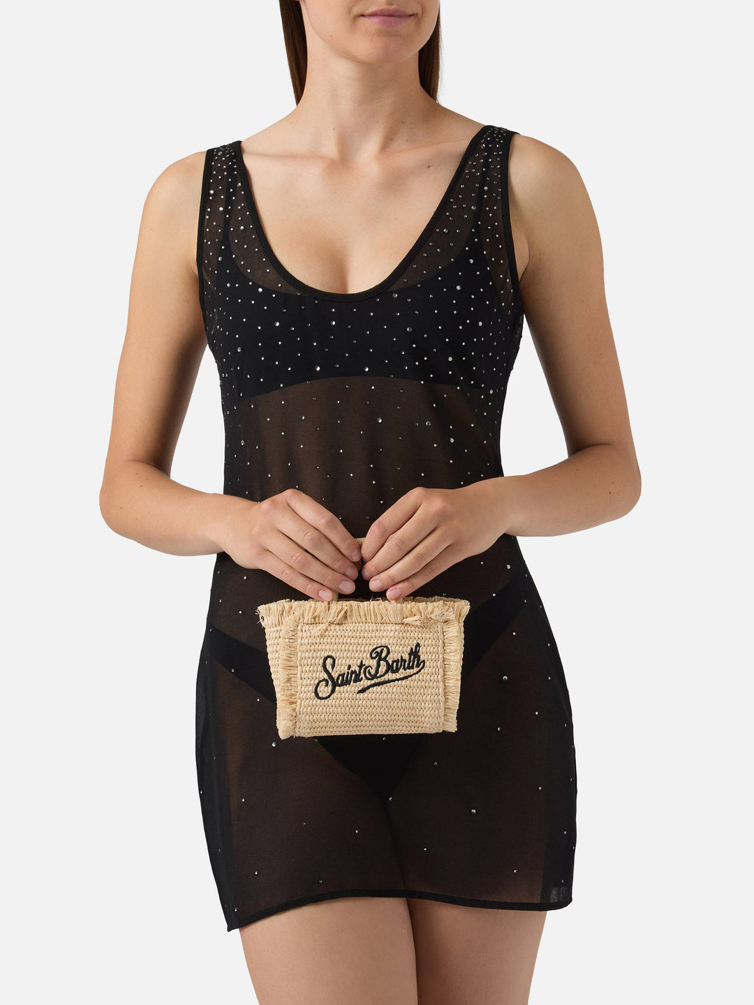 Micro Vanity Bag in Straw Effect with Blue Accents