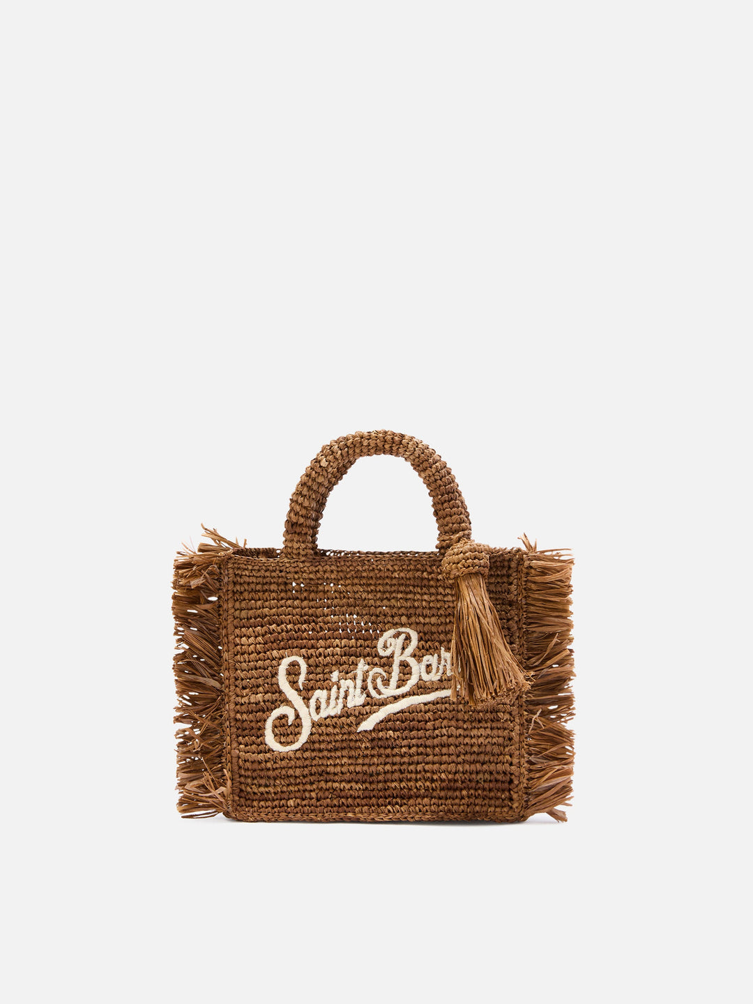 Mini Vanity Bag in Brown Raffia with Side Fringes