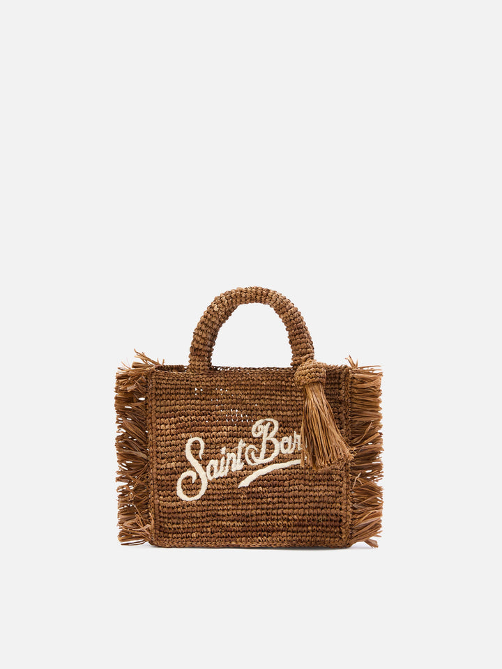 Mini Vanity Bag in Brown Raffia with Side Fringes
