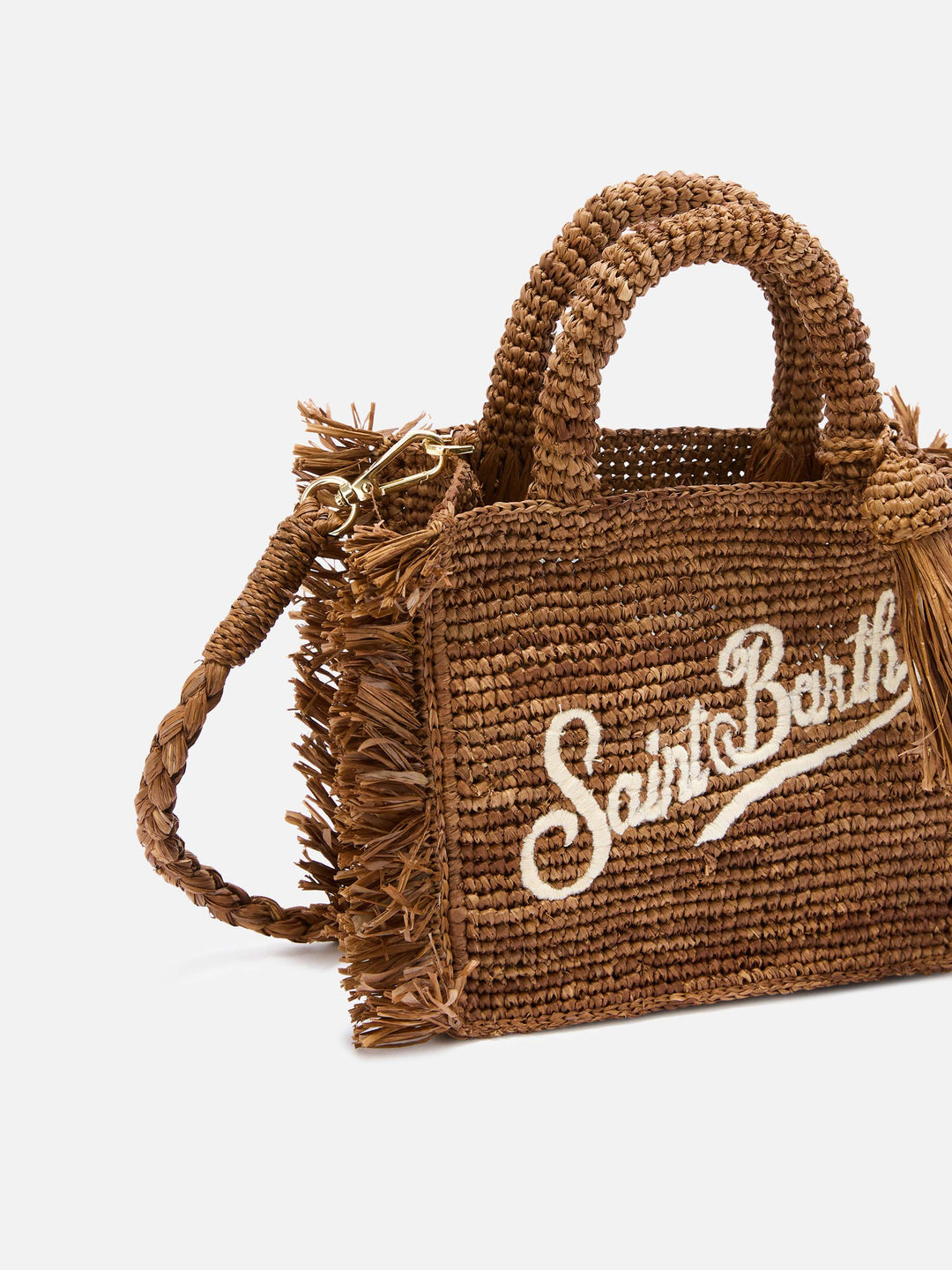 Mini Vanity Bag in Brown Raffia with Side Fringes