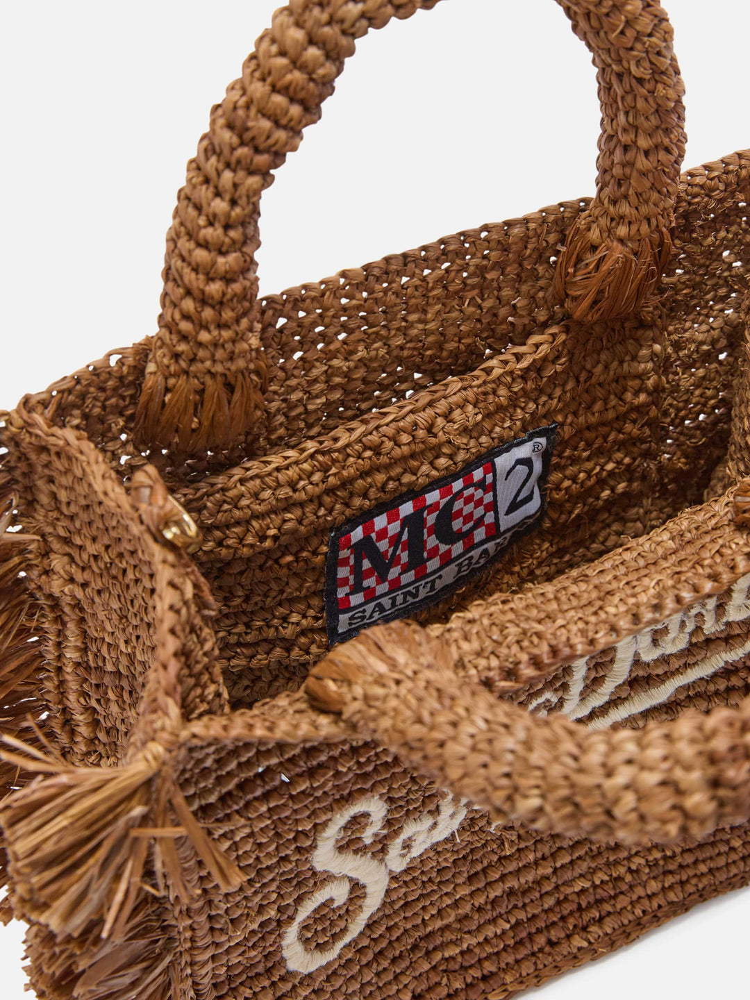 Mini Vanity Bag in Brown Raffia with Side Fringes