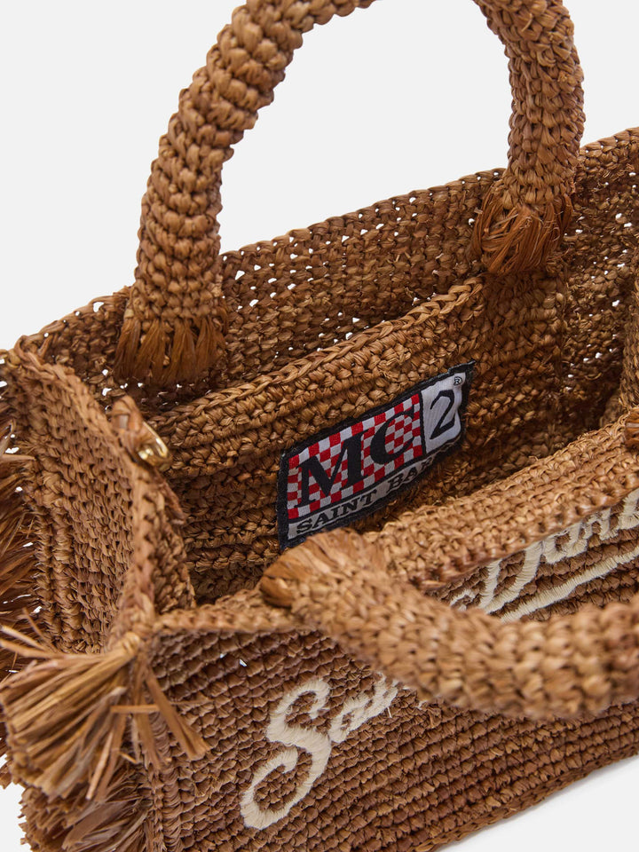 Mini Vanity Bag in Brown Raffia with Side Fringes