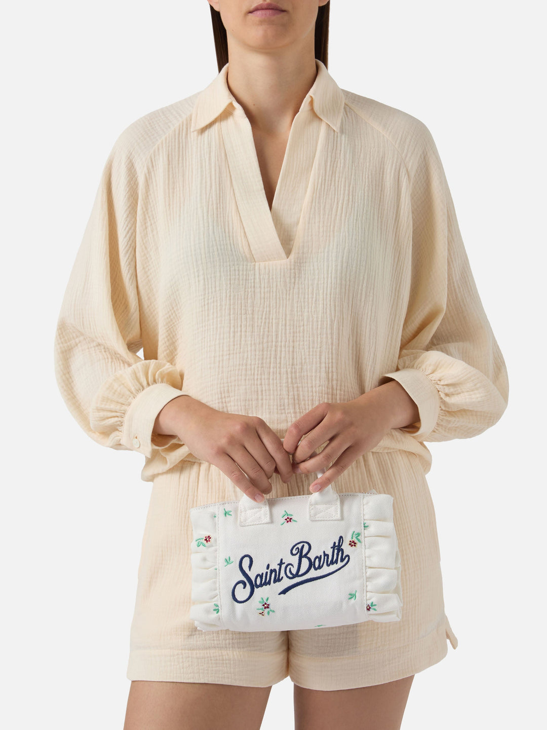 Mini Vanity Bag in White Denim with Embroidered Flowers