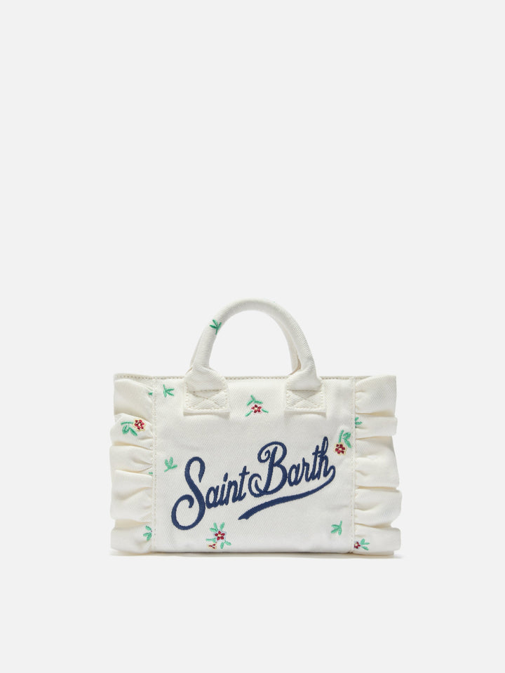 Mini Vanity Bag in White Denim with Embroidered Flowers