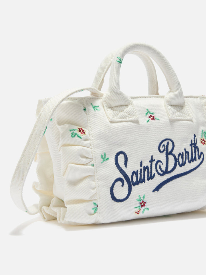 Mini Vanity Bag in White Denim with Embroidered Flowers