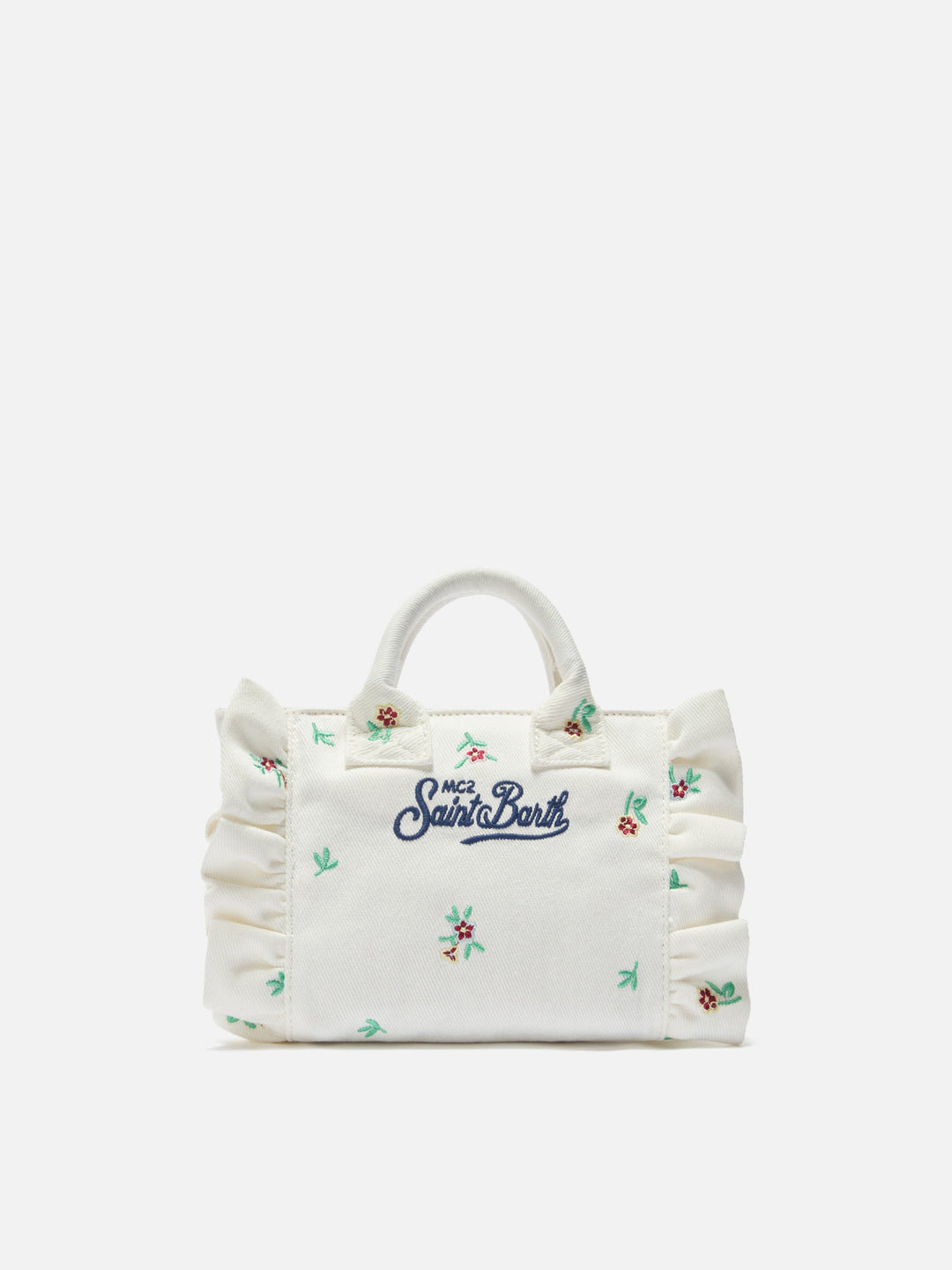 Mini Vanity Bag in White Denim with Embroidered Flowers