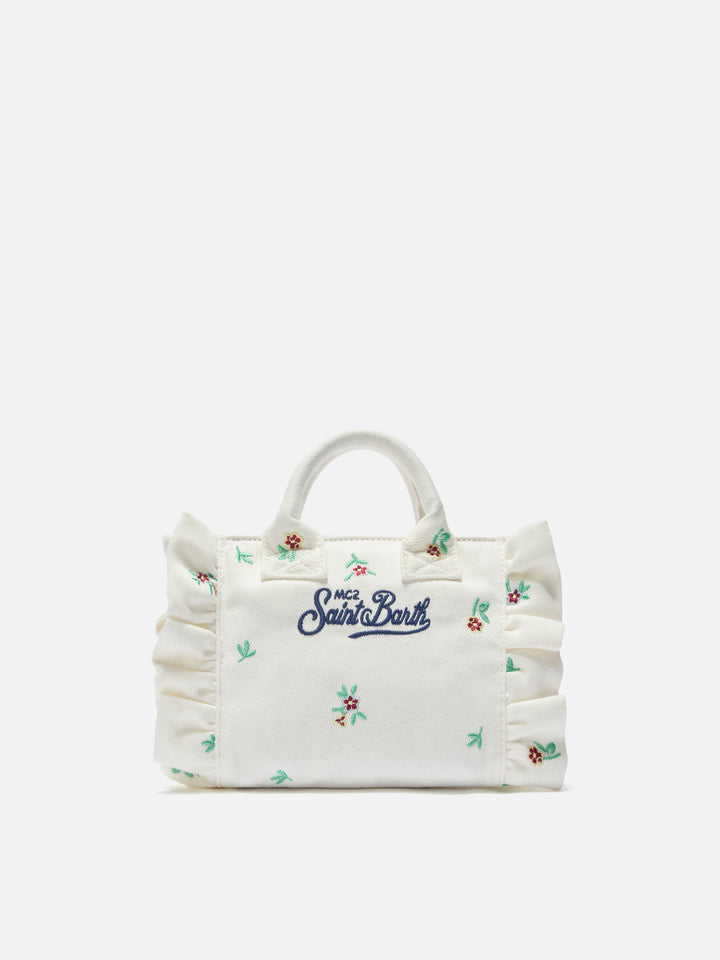 Mini Vanity Bag in White Denim with Embroidered Flowers